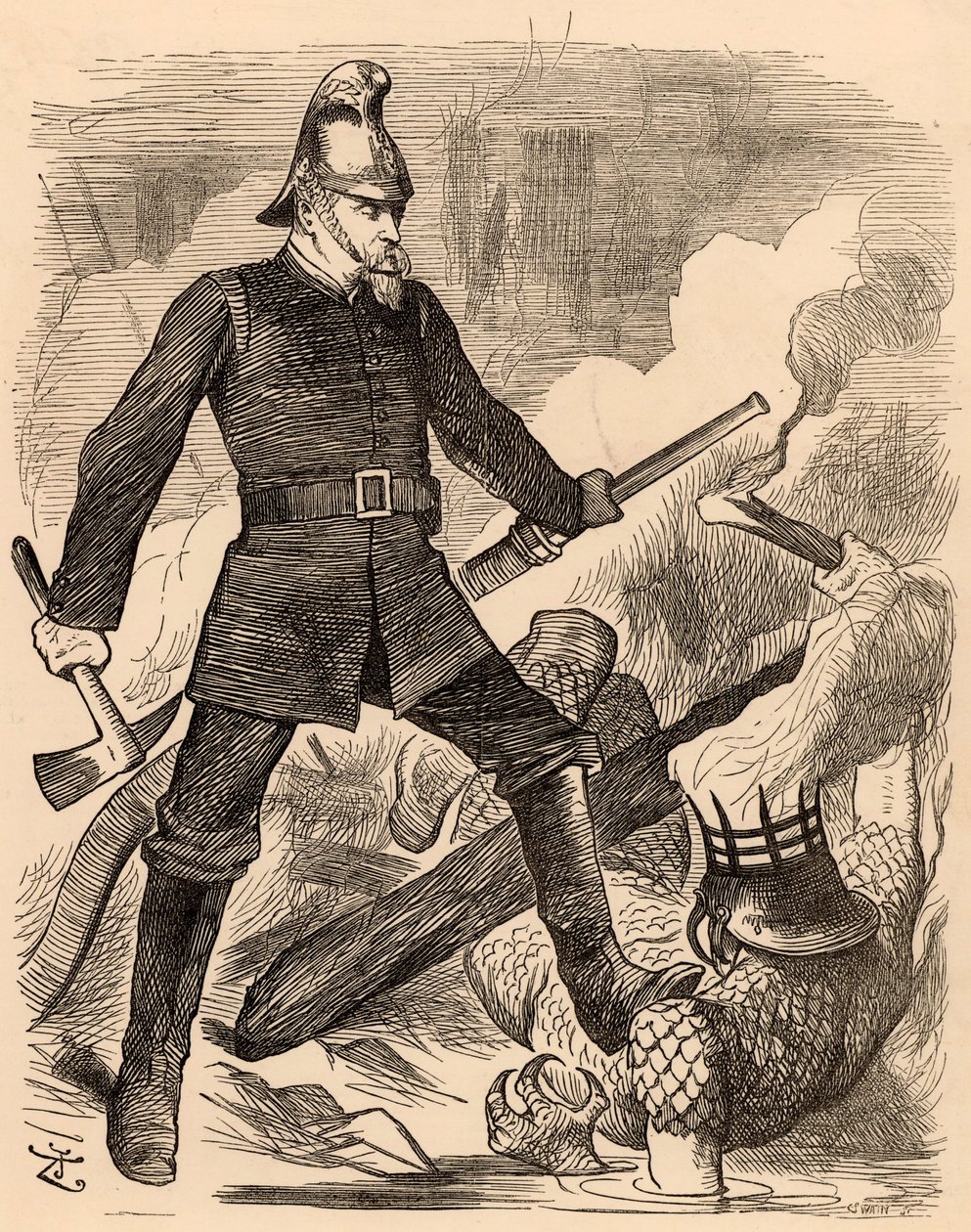 Eyre Massey Shaw combatendo incêndios, de "Punch" Londres, 20 de Agosto de 1887 (gravura) de John Tenniel