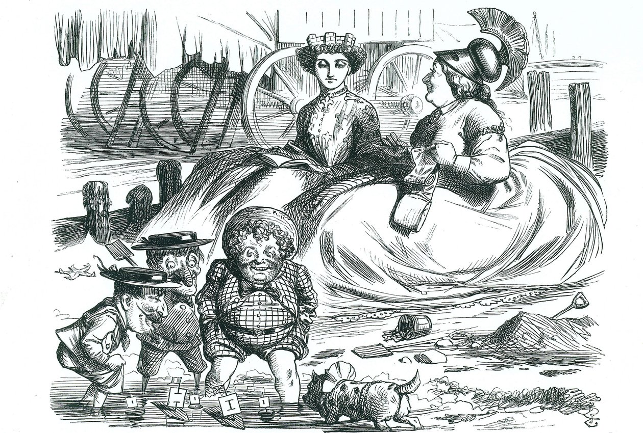 França e Grã-Bretanha observando as crianças (John Bull, Sr. Punch e Napoleão III). Este ano marcou 50 anos de paz entre a França e a Grã-Bretanha e o início do Entente Cordiale. Desenho animado de John Tenniel de 