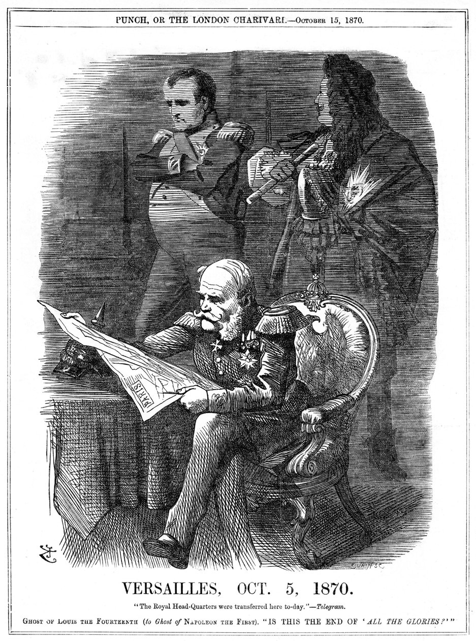 Guerra Franco-Prussiana 1870-1871: Tons de Luís XIV e Napoleão I lamentando o desvanecimento da glória da França. Em 5 de outubro de 1870, Wilhlem I, rei da Prússia, fez de Versalhes sua sede, e em 18 de janeiro foi declarado imperador da Alemanha no Salão de John Tenniel