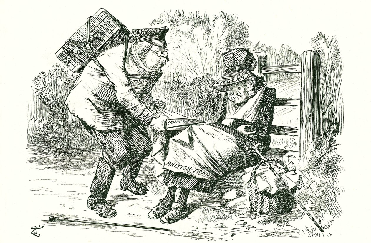 A Alemanha roubando a posição da Grã-Bretanha como líder mundial no comércio e na fabricação. Cartoon de John Tenniel de Punch, 5 de Setembro de 1896. de John Tenniel