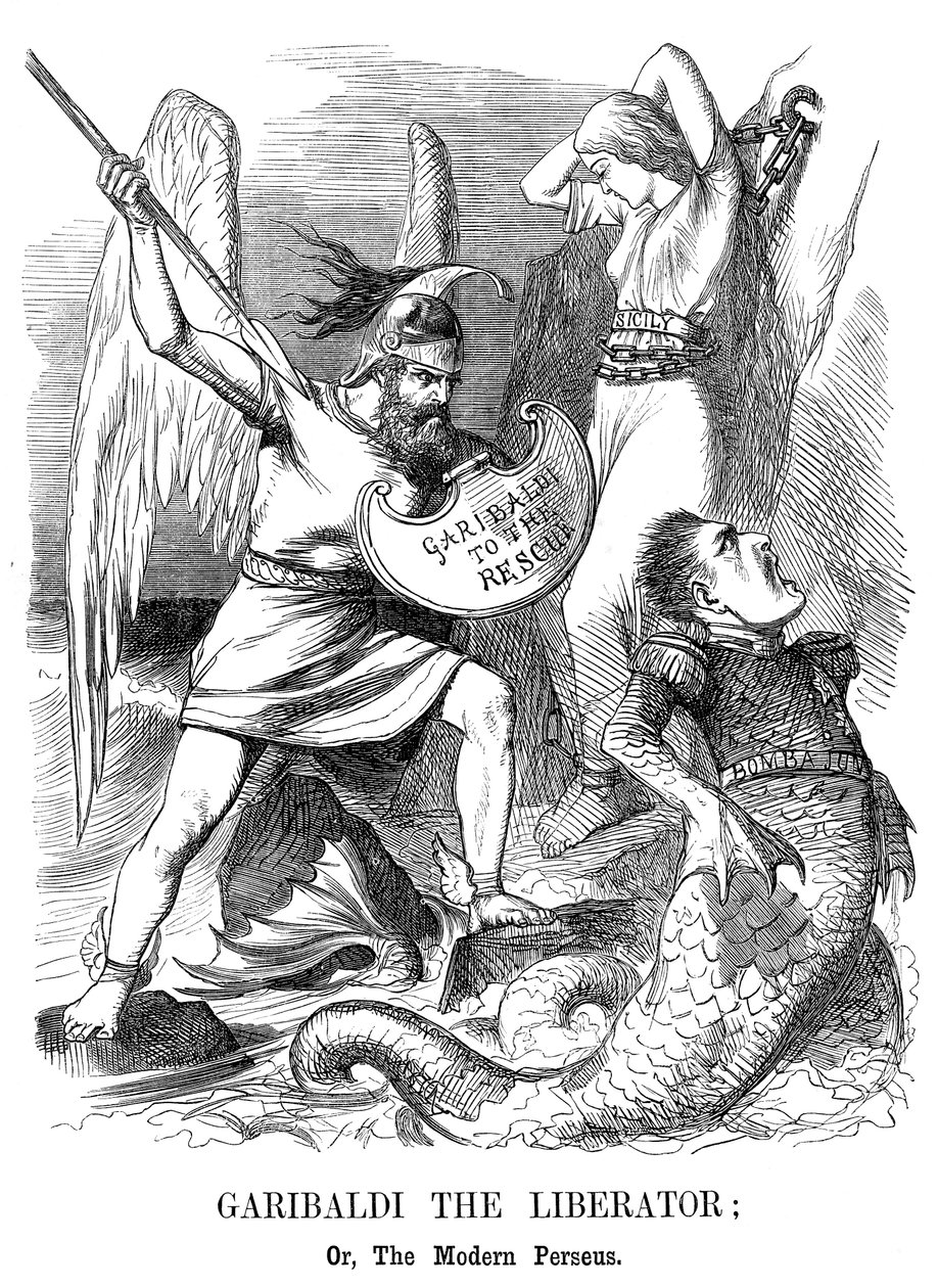 Giuseppe Garibaldi, conquistando a Sicília e Nápoles para o novo reino da Itália, 1860 de John Tenniel