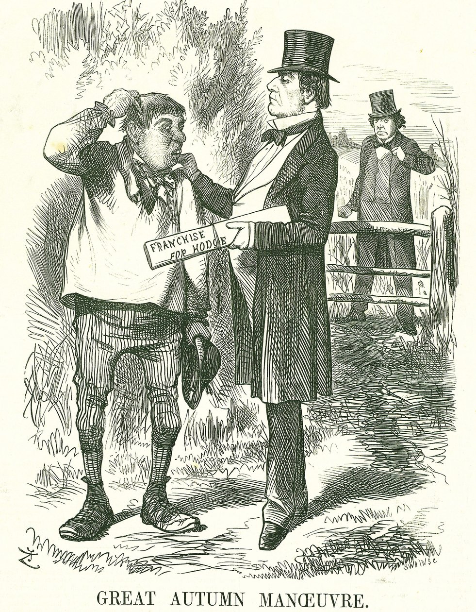 Grande Manobra de Outono: Ainda bem que o voto deve ser dado aos operários agrícolas (Hodge). Nesta altura, a sua estreia estava instável e Disraeli está à espera de tomar o seu lugar. John Tenniel cartoon de Punch, Londres, 9 de Agosto de 1873. de John Tenniel