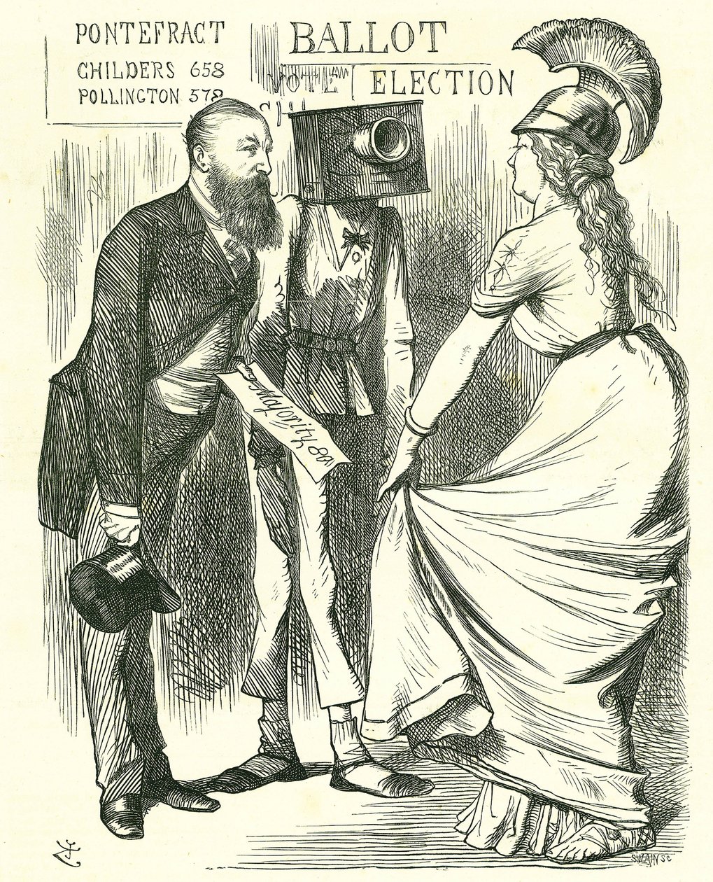 Hugh Childers (1827-1896) parlamentar britânico, falando à Britannia sobre o sucesso da nova urna de voto. John Tenniel cartoon de 