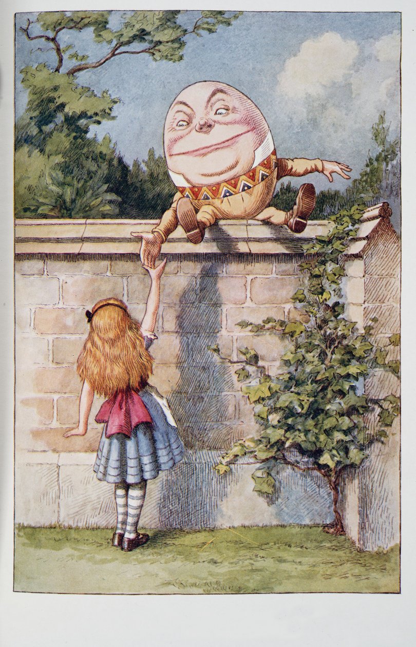 Humpty Dumpty, de Alices Adventures In Wonderland e através do espelho e que Alice encontrou lá, por Lewis Carroll (1832 - 98), publicado em 1911 (litografia colorida) de John Tenniel