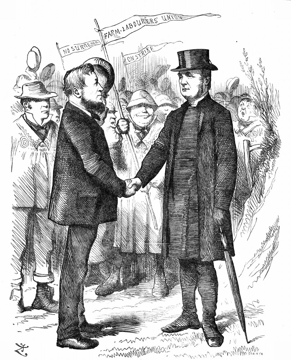 Joseph Arch (1826-1919) sindicalista, político e trabalhador agrícola inglês. Fundador do Sindicato Nacional dos Trabalhadores Agricultores. Arco saudando o Bispo de Manchester que apoiou o Sindicato numa carta ao The Times. Desenho animado de John Tenniel de John Tenniel