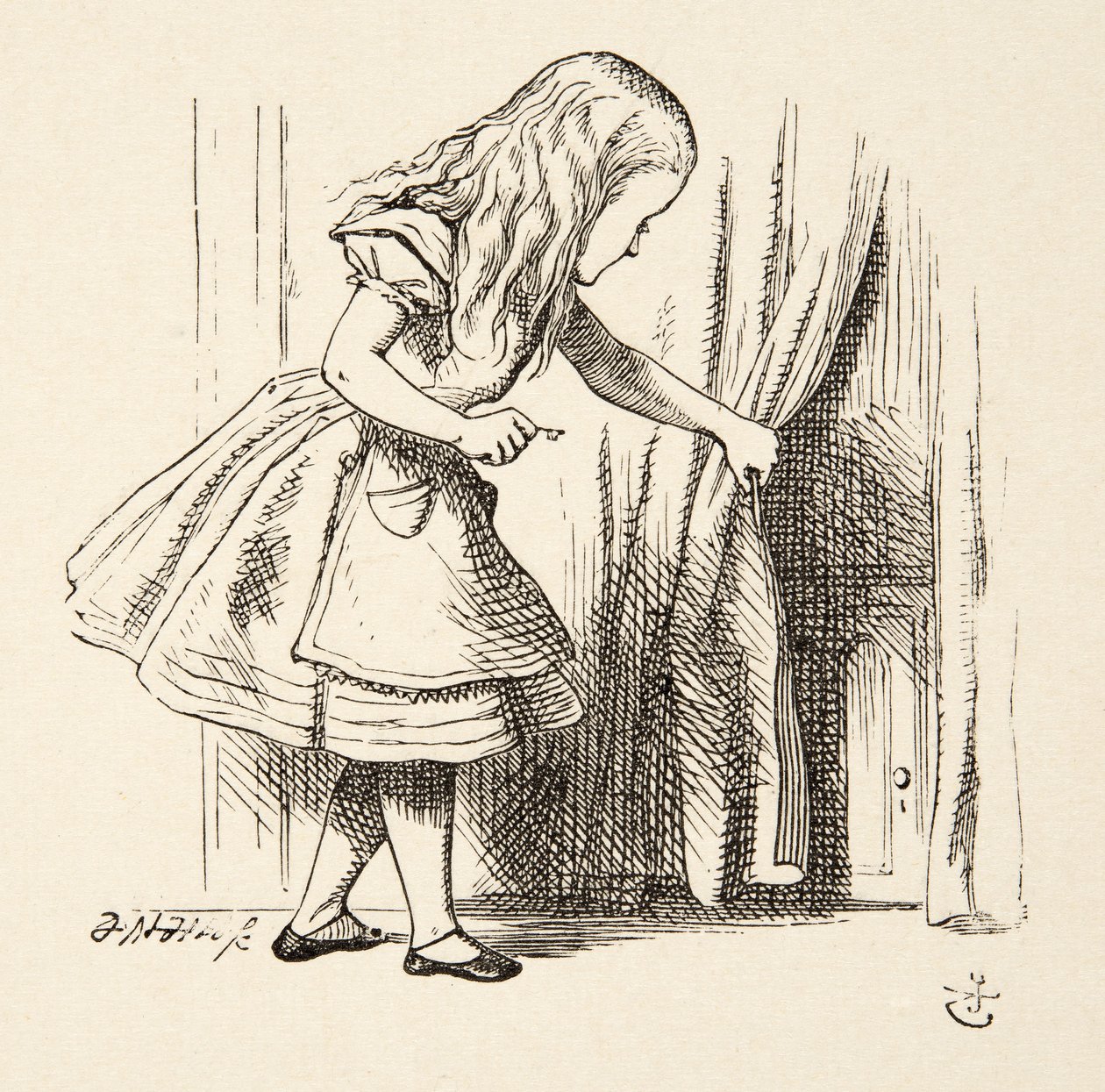 Olhando para trás a cortina, de Alices Adventures in Wonderland por Lewis Carroll (1832 - 98), pub. 1891 de John Tenniel