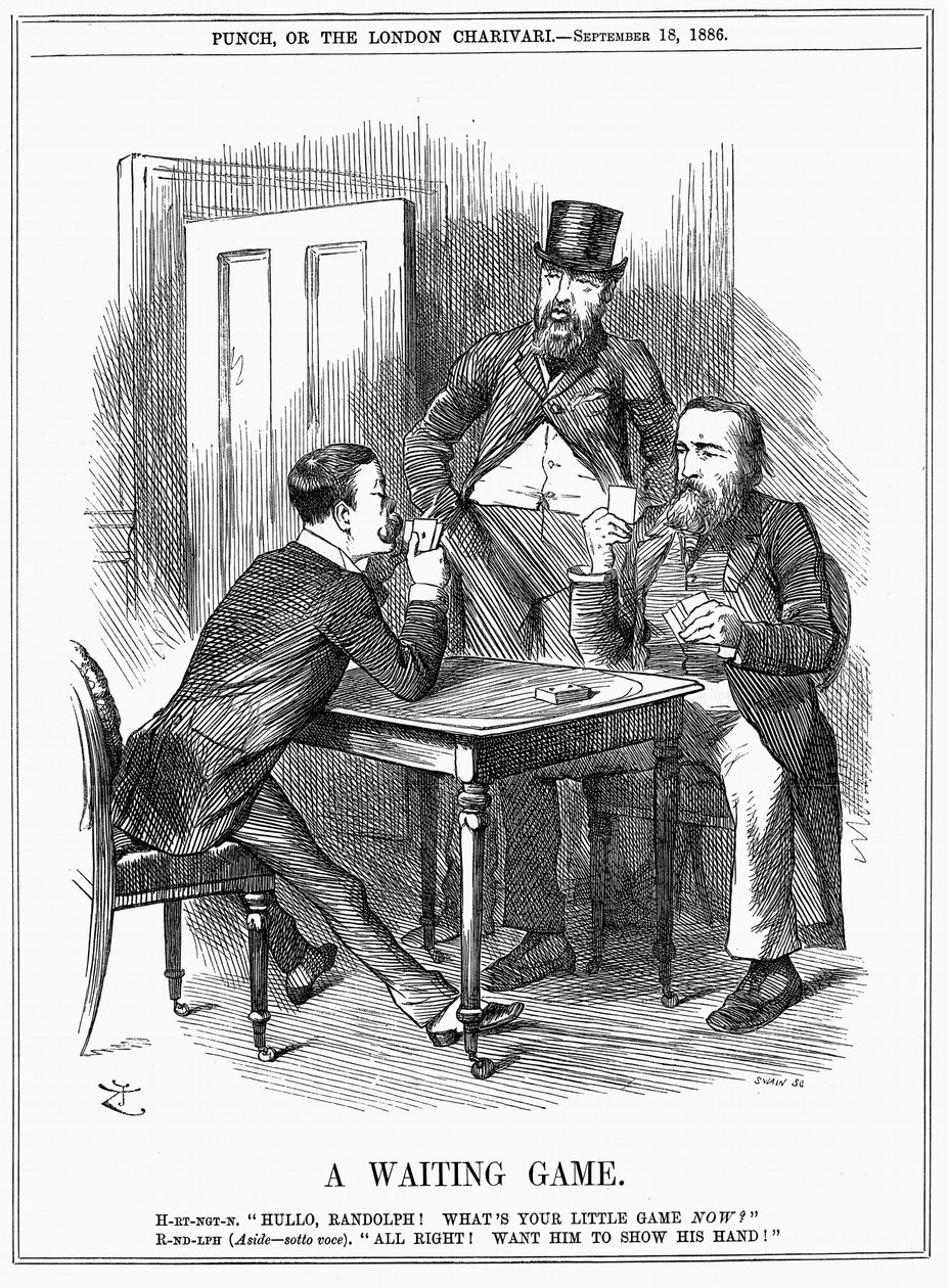 Lord Randolph Churchill (à esquerda) tentando fazer Charles Stewart Parnell, político irlandês, mostrar sua mão e deixar Churchill e Hartington saber como ele vai usar os votos de Parnellite que ele comanda na Câmara dos Comuns. John Tenniel cartoon de Pun de John Tenniel