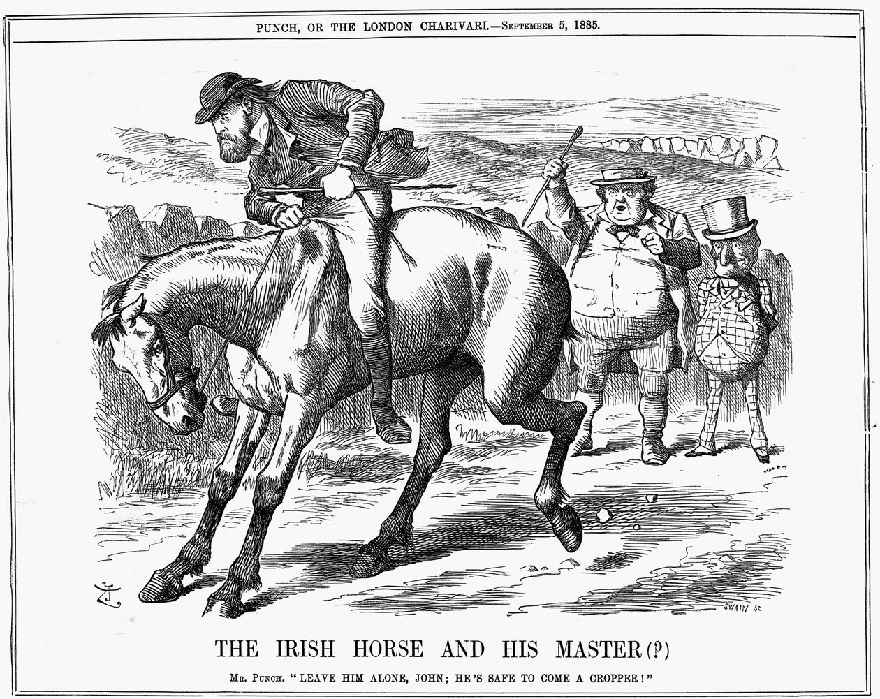 O Sr. Punch diz a John Bull para ignorar Charles Stewart Parnell (1846-1891), político irlandês, pois ele com certeza virá um cropper montando o cavalo irlandês. John Tenniel cartoon de Punch London, 5 de Setembro de 1885. Gravação de John Tenniel