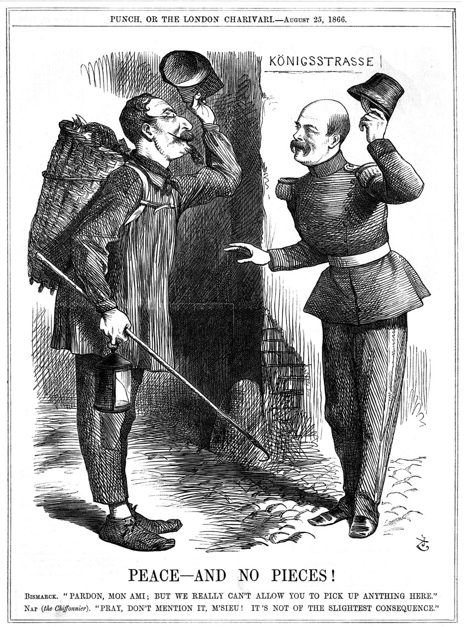 Napoleão III, imperador francês 1852-1870, vestido de trapo (Chiffonnier), avisado por Otto von Bismarck, o chanceler prussiano. As ambições territoriais de Napoleão levaram à Guerra Franco-Prussiana de 1870-71. John Tenniel cartoon de Punch, Londres, 25 d de John Tenniel