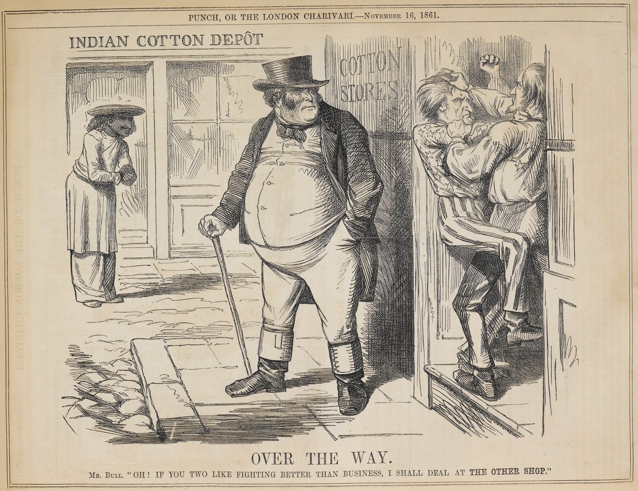 "Acima do caminho". Na porta das Lojas de Algodão Americanas, os Presidentes Lincoln e Davis estão a lutar e a bloquear a porta a potenciais clientes, incluindo John Bull, em representação da Grã-Bretanha. Do outro lado da rua, um comerciante da Índia Orie de John Tenniel