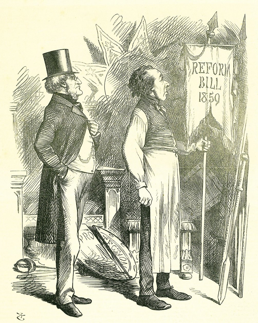 Economia Política: Reforma do Parlamento - extensão da franquia. Disraeli (chanceler) e Derby (primeiro-ministro) a limpar o pó da Lei da Reforma. Em 1867 Disraeli apresentou um novo projeto de lei. Desenho animado de John Tenniel de Punch, Londres de John Tenniel
