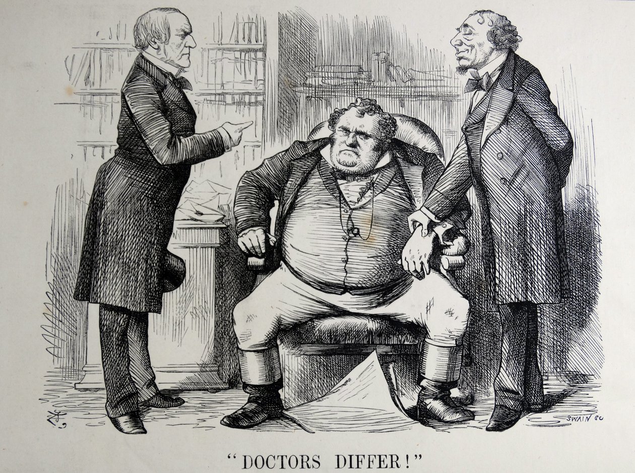 Sátira política retratando William Ewart Gladstone, Benjamin Disraeli e John Bull de John Tenniel