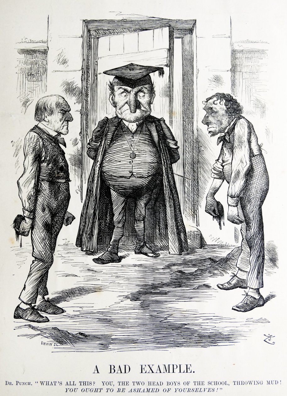 Sátira política retratando William Ewart Gladstone e Benjamin Disraeli de John Tenniel