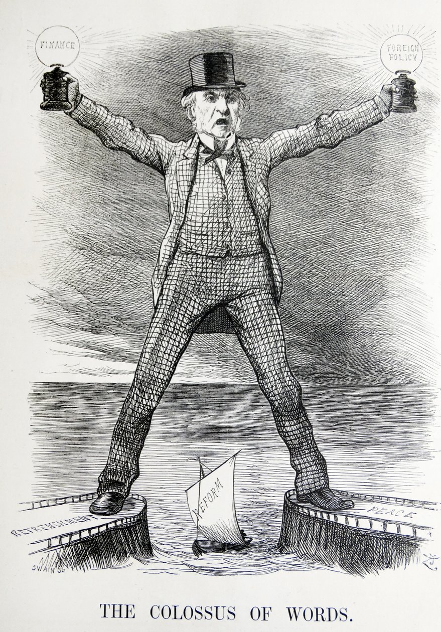 Sátira política retratando William Ewart Gladstone e Benjamin Disraeli de John Tenniel