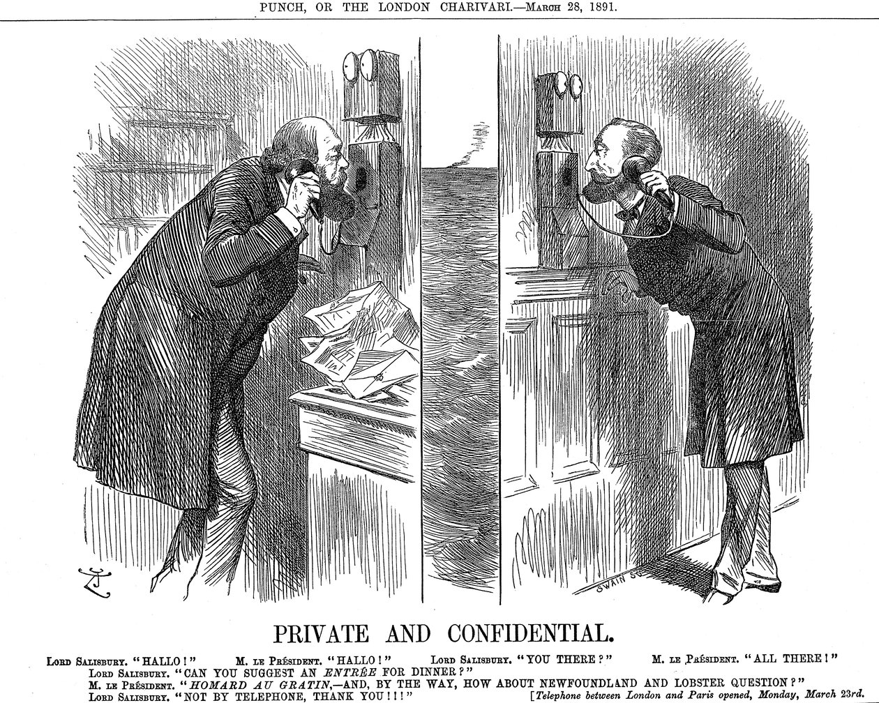 Privado e confidencial, abertura da linha telefônica anglo-francesa, 1891 de John Tenniel