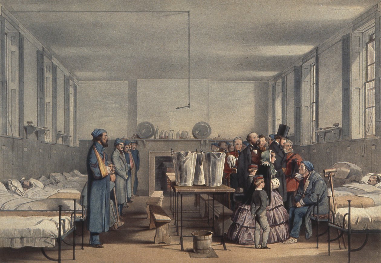 Rainha Victoria e Príncipe Albert visitando soldados feridos na Guerra da Criméia, no Hospital Brompton, Chatham, 1855 de John Tenniel