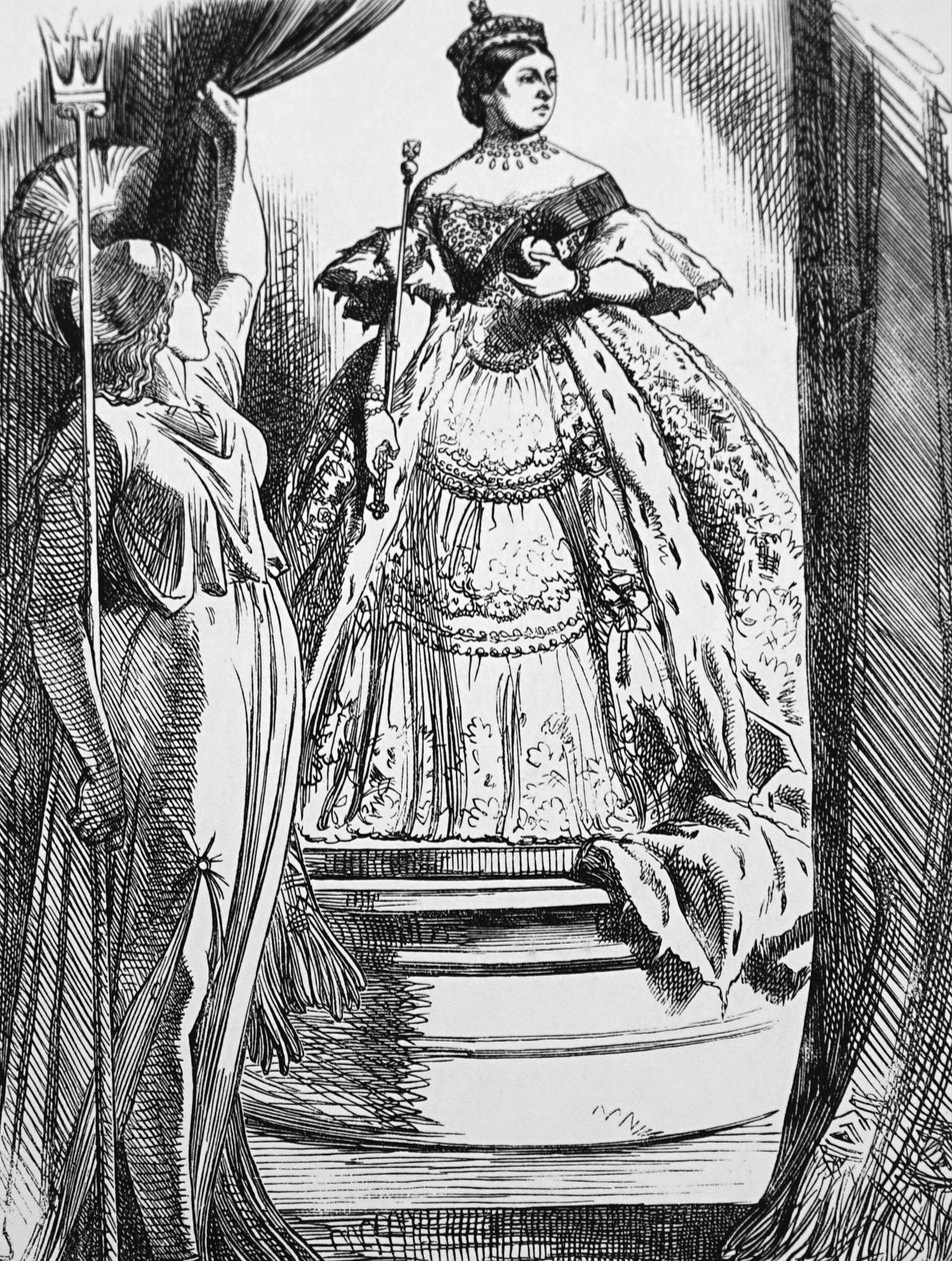 A Rainha Victoria é incitada pela Britannia a voltar ao mundo depois do seu longo luto de John Tenniel