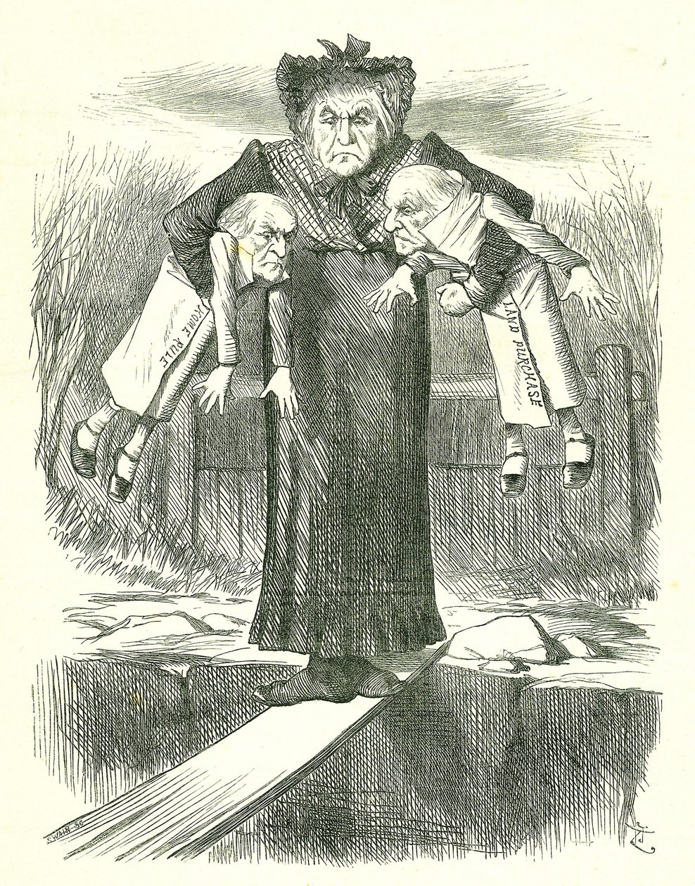 Pousar dois, e carregar um..: Gladstone, o primeiro-ministro britânico, num dilema sobre qual dos polémicos projectos de lei irlandeses para descartar. John Tenniel cartoon de Punch, Londres, 3 de Abril de 1886. de John Tenniel