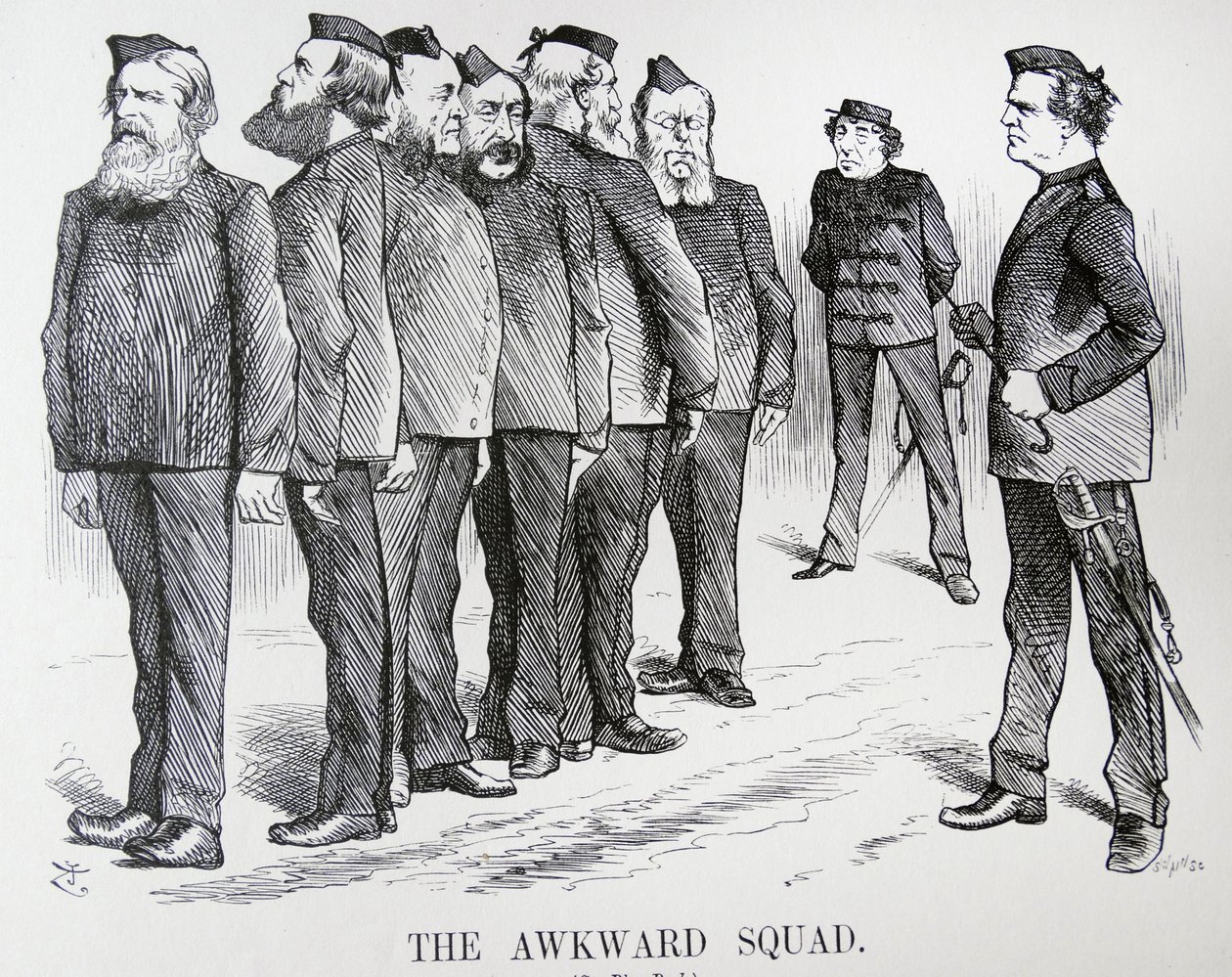 O ESQUADRÃO CONSTRANGEDOR. O desenho animado do John Tenniel. As dificuldades que Disraeli estava tendo com opiniões diferentes no seu gabinete sobre as políticas sobre a Guerra Russo/Turca. de John Tenniel