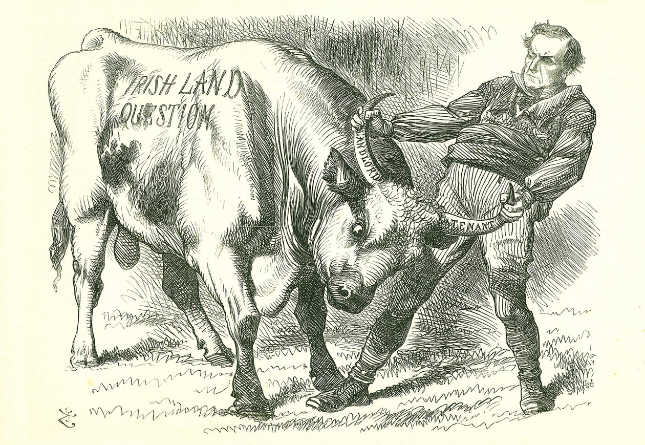 Levando o Touro (Irlandês) pelos Chifres: Projecto de lei aprovado pelo Parlamento a 15 de Fevereiro de 1870 e recebeu o consentimento real a 8 de Julho. William Gladstone, primeiro-ministro, tratando do assunto. John Tenniel cartoon de Punch, Londres, 26  de John Tenniel
