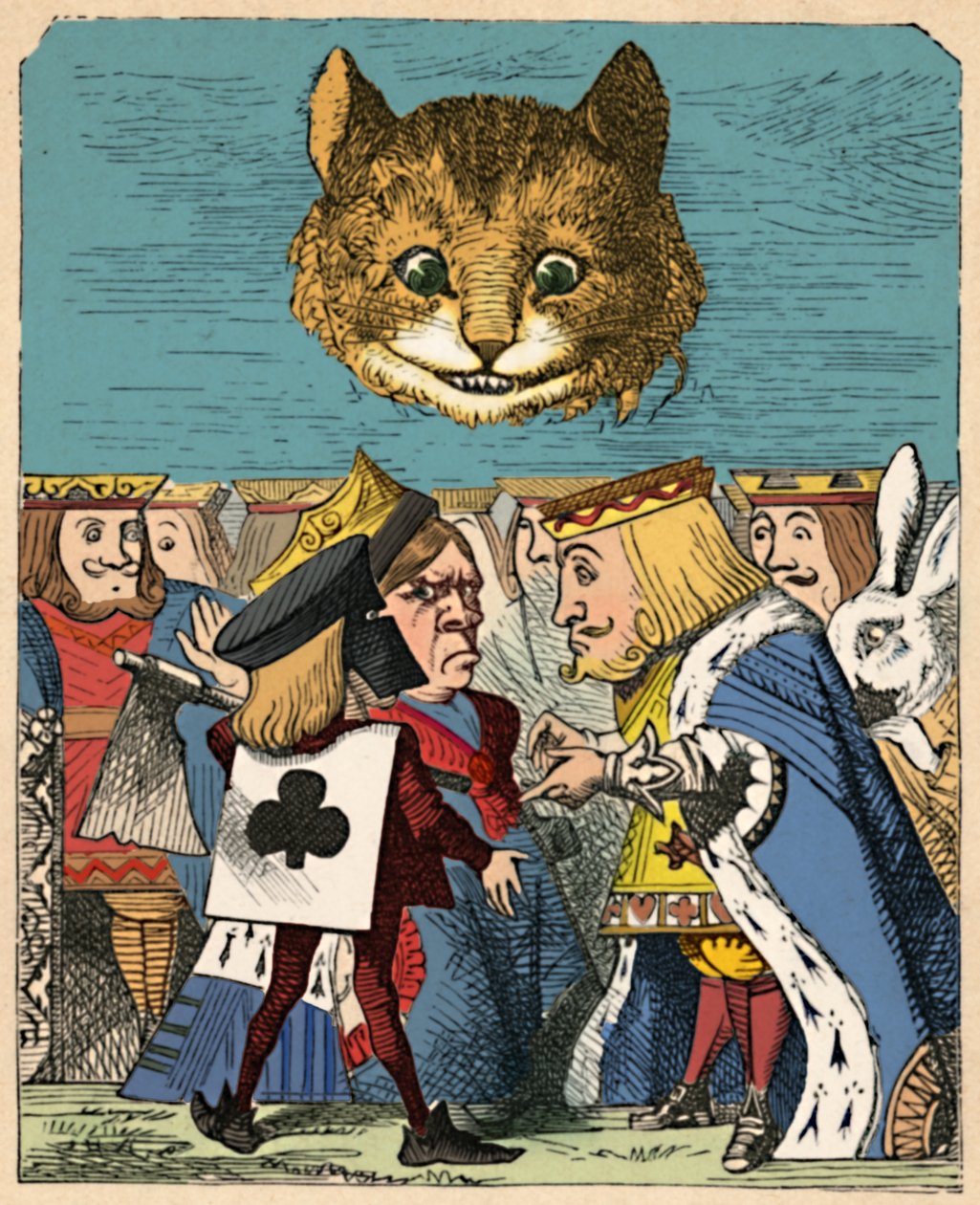 O gato de Cheshire olhando para o rei e a rainha vermelhos discutindo em 1889 de John Tenniel