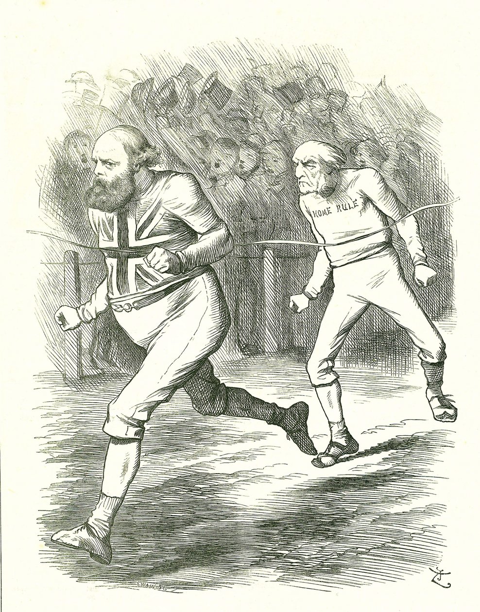 O Acabamento: Eleição Geral de 1886. Gladstone (Liberal) foi para o país por causa de seu projeto de lei sobre o Home Rule for Ireland. Salisbury (oposição conservadora) vence Gladstone até a linha de chegada. John Tenniel cartoon de Punch, Londres de John Tenniel