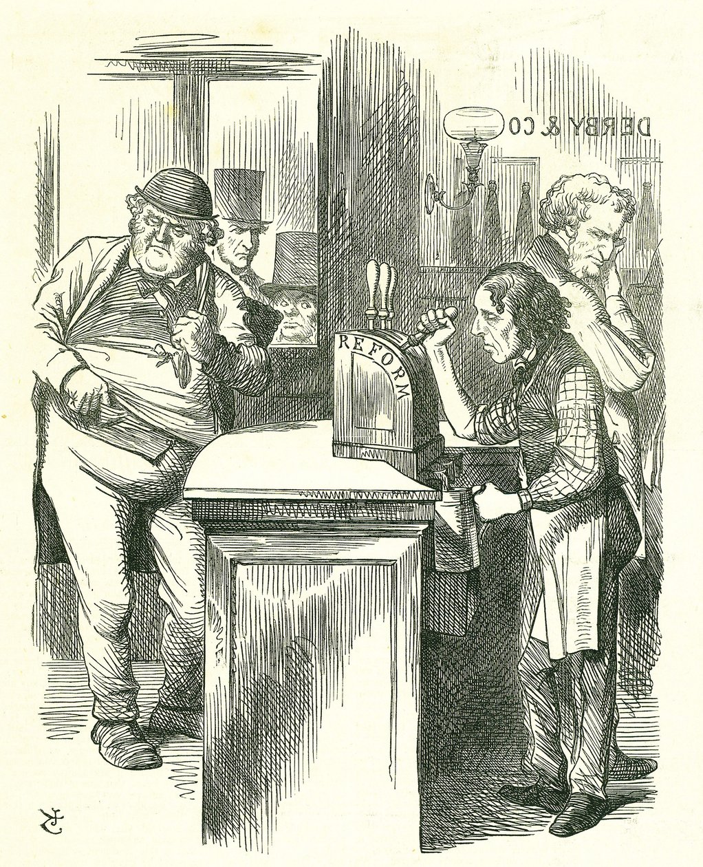 O Rapaz do Pote Honesto: Reforma do Parlamento - extensão da franquia. Disraeli servindo a Reforma a John Bull observado pela sua oposição parlamentar. Ele apresentou e levou a sua Lei da Reforma. Tenniel cartoon de Punch, Londres de John Tenniel