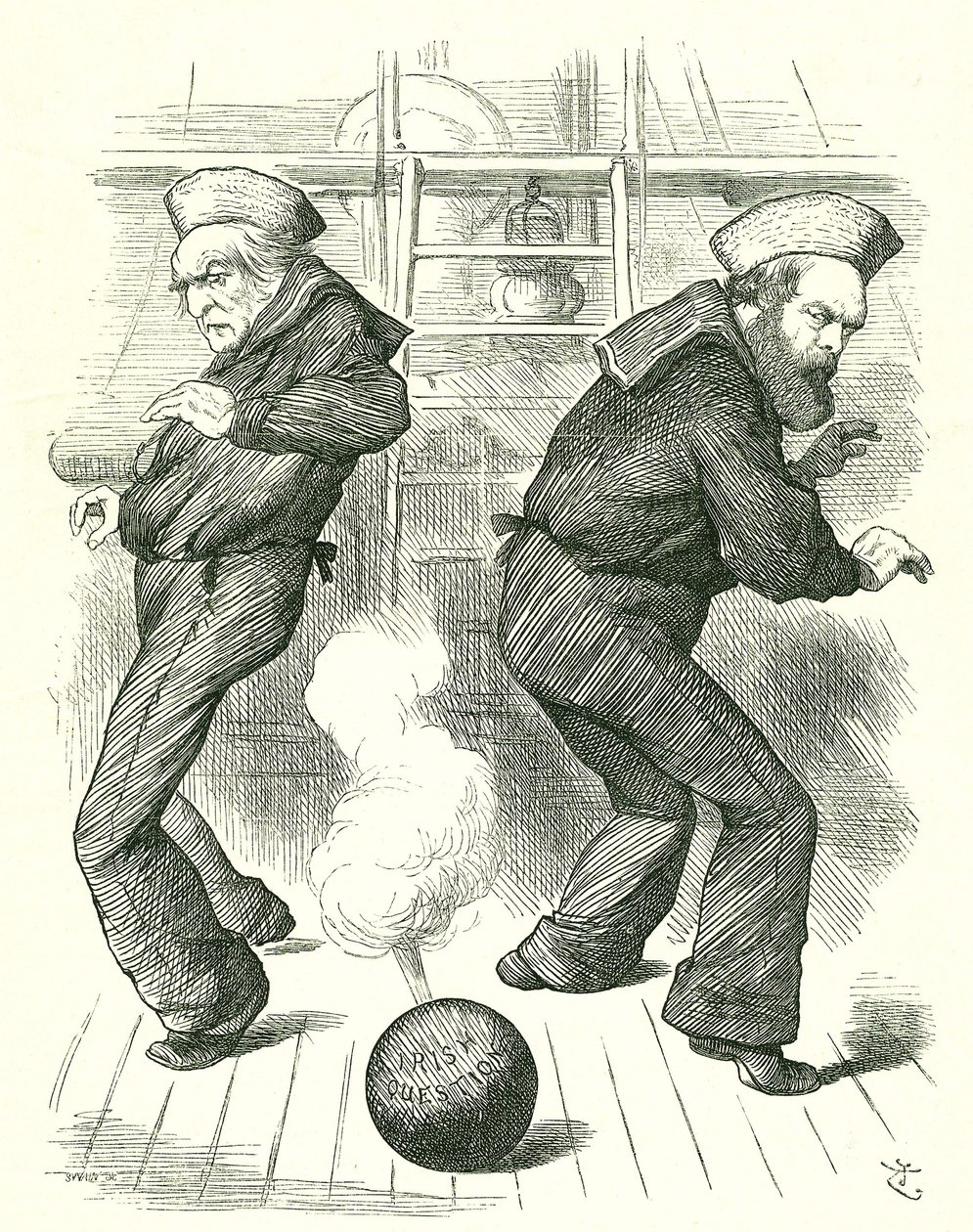 A Concha Viva: A administração de Salisbury (direita) renunciou em janeiro para ser seguida em fevereiro pela terceira administração de Gladstone (esquerda). Nenhum dos políticos gostou de lidar com os problemas da Irlanda. John Tenniel cartoon de Punch, L de John Tenniel