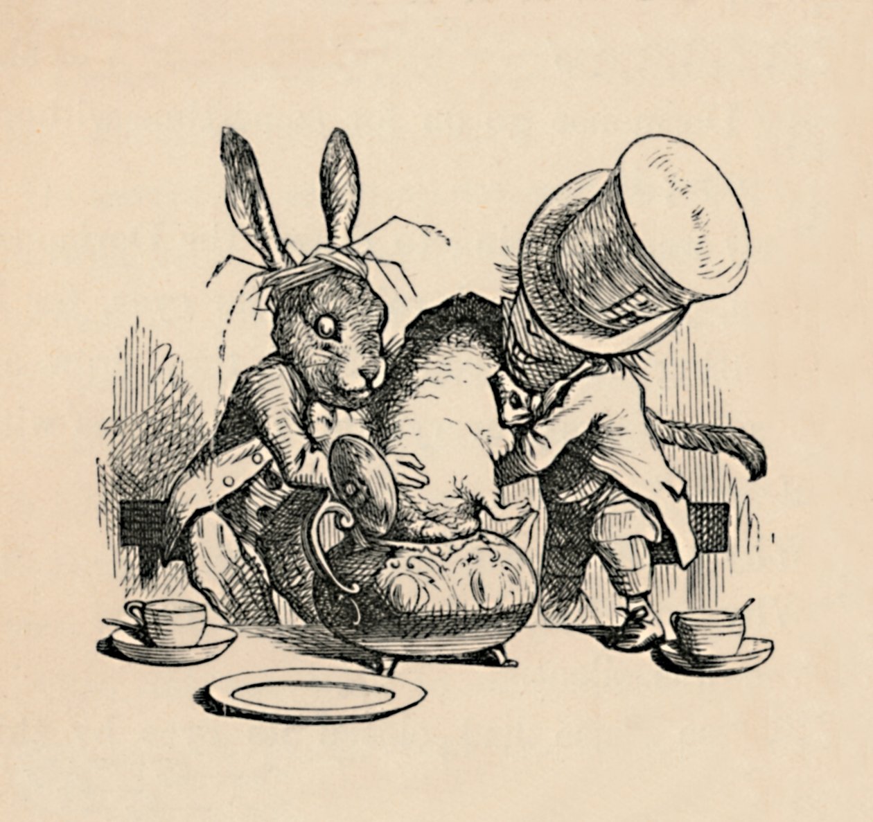 O Chapeleiro Maluco e a lebre de março tentam colocar o Leirão em um bule de chá, 1889 de John Tenniel