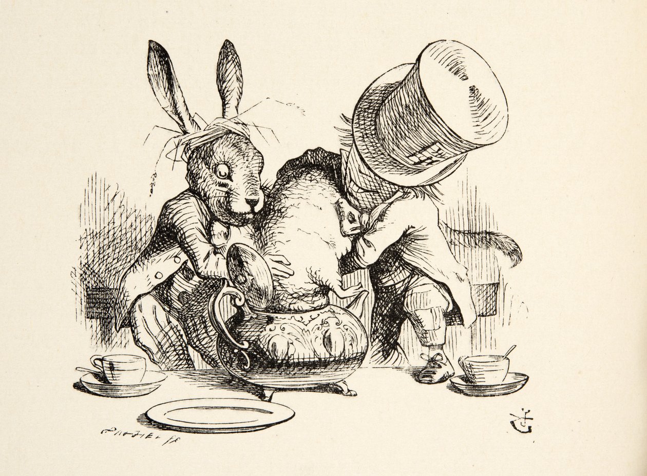 O Chapeleiro Maluco e a Lebre de Março colocam o Dormouse no Bule, de Alices Adventures in Wonderland, de Lewis Carroll (1832 - 98), pub. 1891 de John Tenniel
