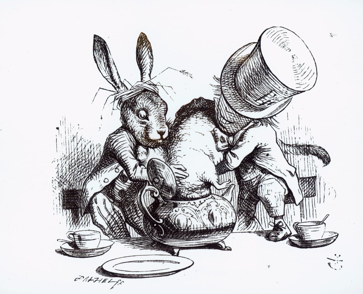 O Chapeleiro Maluco e a Lebre de Março colocando o Dormouse no Bule, ilustração de "Alice no País das Maravilhas", de Lewis Carroll, 1865 de John Tenniel