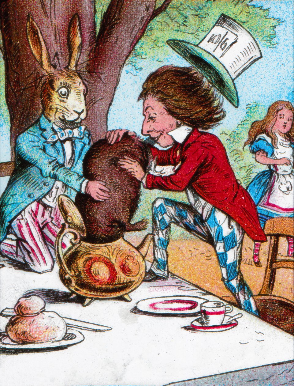 O Chapeleiro Maluco e a Lebre de Março tentando colocar o Leirão em um bule de chá, c1910 de John Tenniel