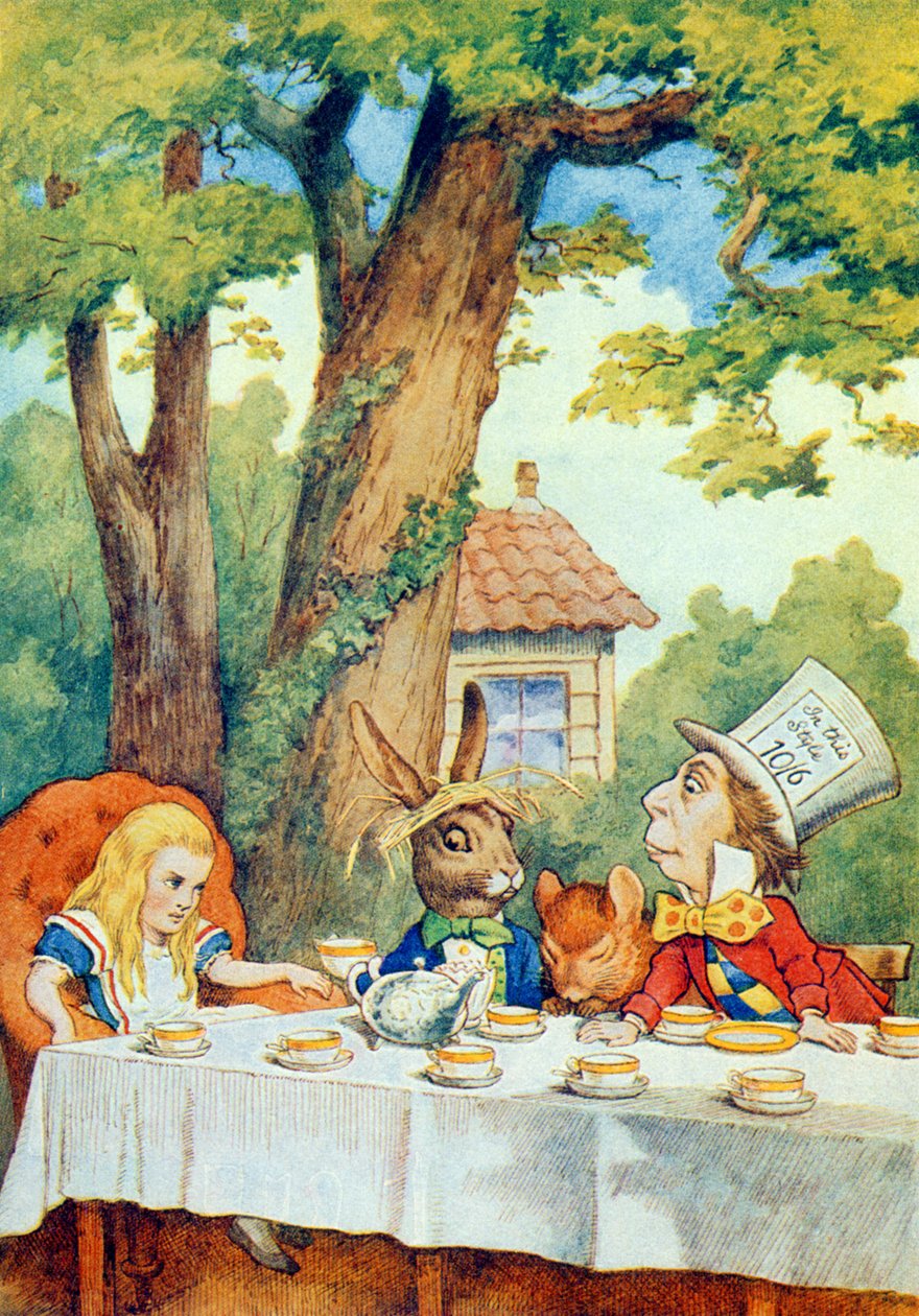 O tea party do chapeleiro louco, ilustração de "Alice no país das maravilhas" por Lewis Carroll (1832-9) de John Tenniel