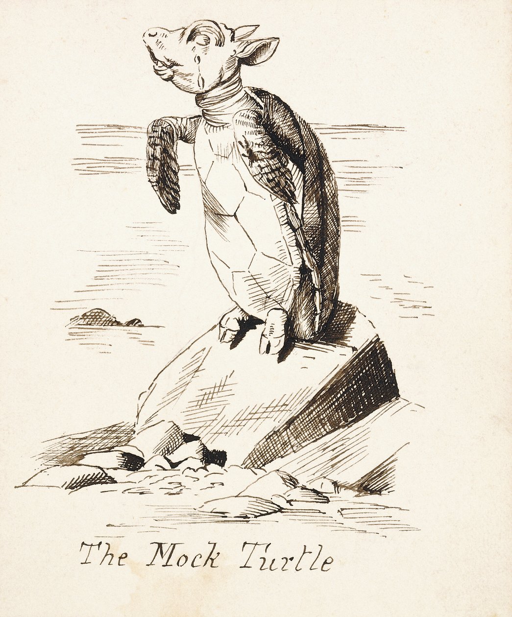 A Tartaruga Falsa &39;- A Tartaruga Falsa Soluçando em uma Rocha, c.1865 (caneta e tinta marrom) de John Tenniel