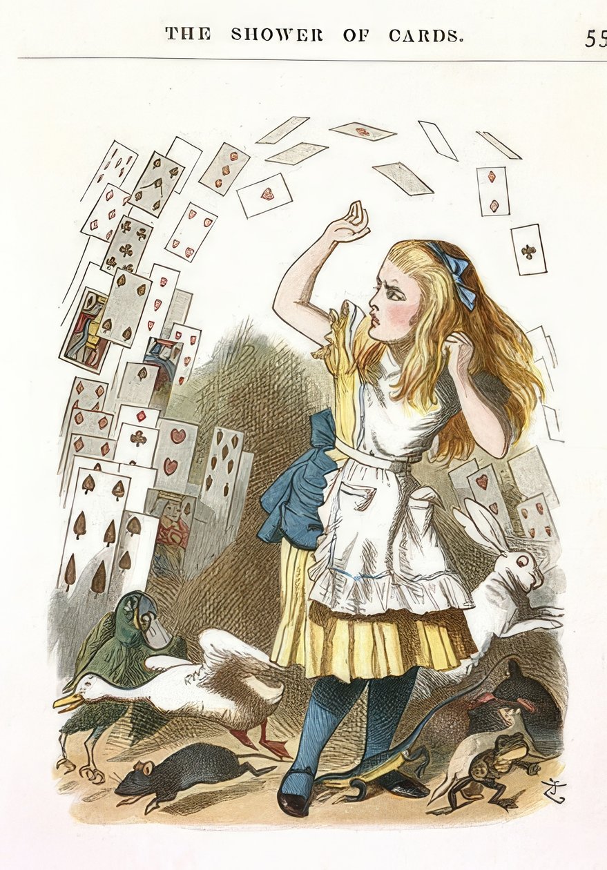 A chuva de cartas. Ilustração para Alice no país das maravilhas por Lewis Carroll. 1890 de John Tenniel