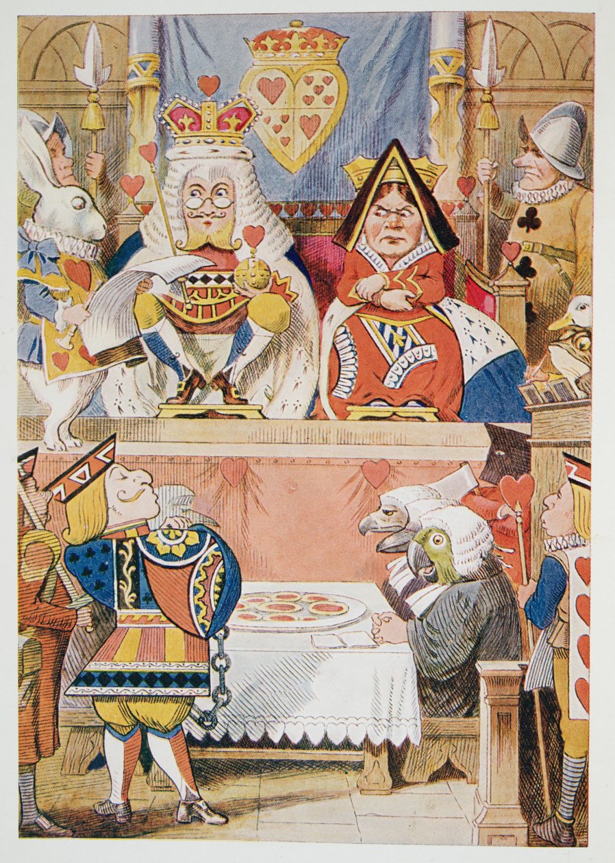 O Julgamento do Valete de Copas, de Alicia Aventuras no País das Maravilhas e Através do Espelho e O Que Alice Encontrou Lá, de Lewis Carroll (1832 - 98), publicado em 1911 (litografia colorida) de John Tenniel