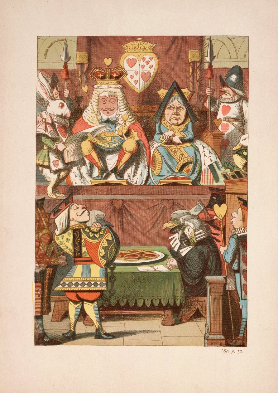 O Julgamento do Valete de Copas, de Alicia Aventuras no País das Maravilhas e Através do Espelho e O Que Alice Encontrou Lá, de Lewis Carroll (1832 - 98), publicado em 1911 (litografia colorida) de John Tenniel