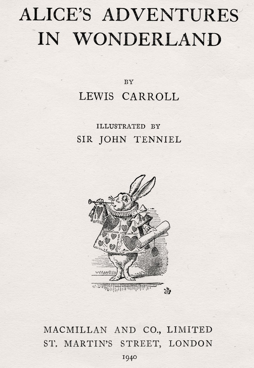 O Coelho Branco na página de título de "As Aventuras de Alice no País das Maravilhas de John Tenniel