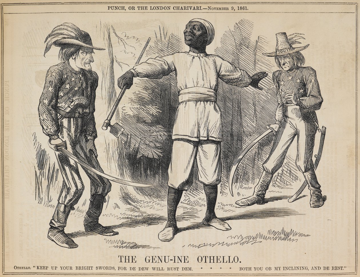 O "Genu-ine Othello". Vindo entre os Presidentes Lincoln e Davis, uma mão de campo negra assume o carácter de Othello. Ele pede às duas forças em confronto que embainhem as suas armas, falando linhas desenhadas a partir de duas passagens separadas no Acto  de John Tenniel