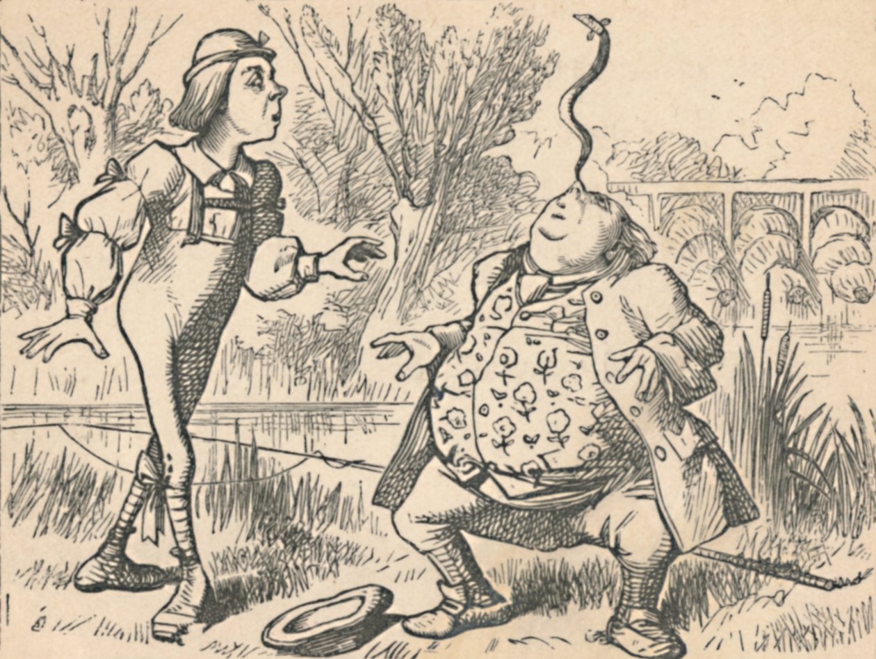 O jovem e seu pai, que estão equilibrando um peixe no nariz, 1889 de John Tenniel