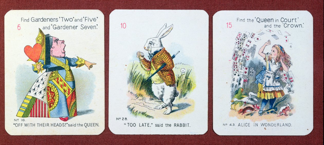 Três cartas de &39;Família feliz&39; retratando personagens de &39;Alice no País das Maravilhas&39; por Lewis Carroll de John Tenniel