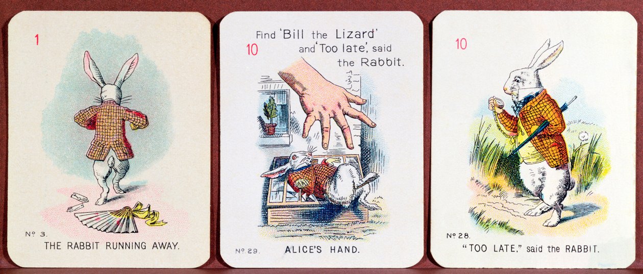 Três cartas de família feliz retratando personagens de Alice no país das maravilhas por Lewis Carroll de John Tenniel