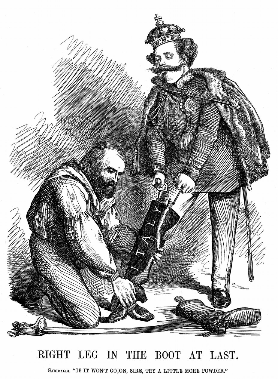 Unificação da Itália: Giuseppe Garibaldi (1807-1882) ajudando Victor Emmanuel II (1820-78) a colocar no porta-bagagens da Itália. Desenho animado de John Tenniel de Punch, Londres de John Tenniel