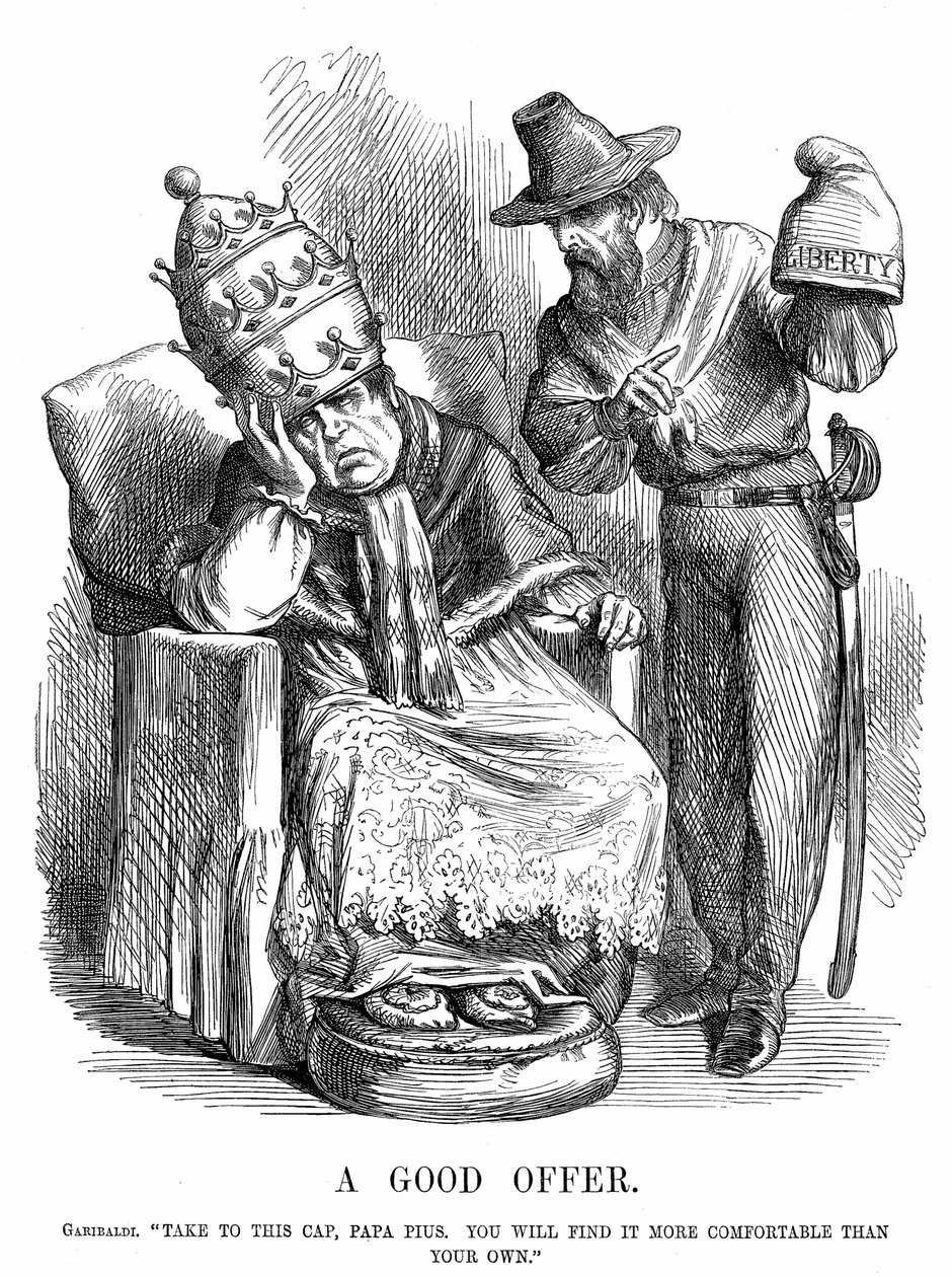 Unificação da Itália: Giuseppe Garibaldi (180718-82) tentando persuadir o Papa Pio IX de que o Cabo da Liberdade seria muito mais confortável do que a coroa papal. John Tenniel cartoon de Punch, Londres, 29 de Setembro de 1860. Gravura em madeira. de John Tenniel