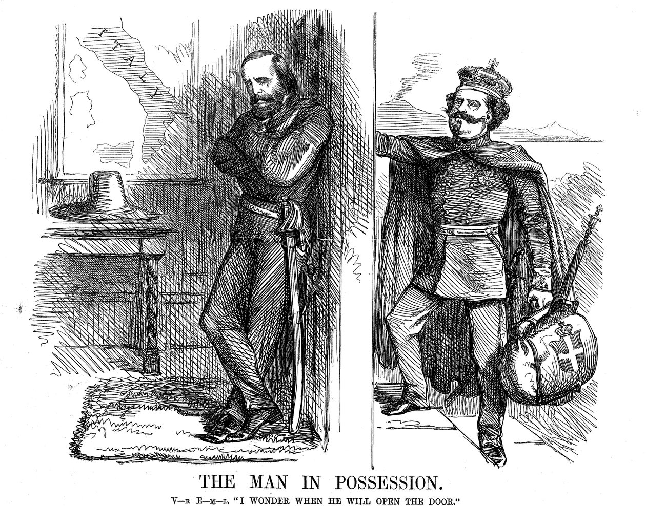 Victor Emmanuel II batendo na porta de Nápoles, 1861 de John Tenniel