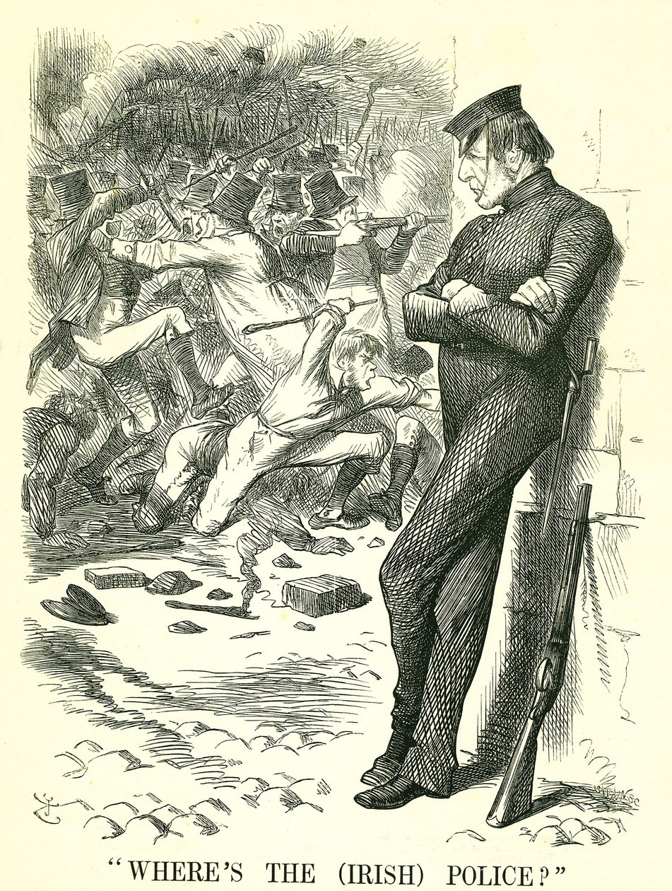 Onde está a polícia (irlandesa)? William Gladstone, primeiro-ministro britânico, a observar a agitação na Irlanda e à espera de intervir. Em Abril foi aprovada pelo Parlamento uma nova Lei de Preservação da Paz Irlandesa. John Tenniel cartoon de Punch, Lon de John Tenniel