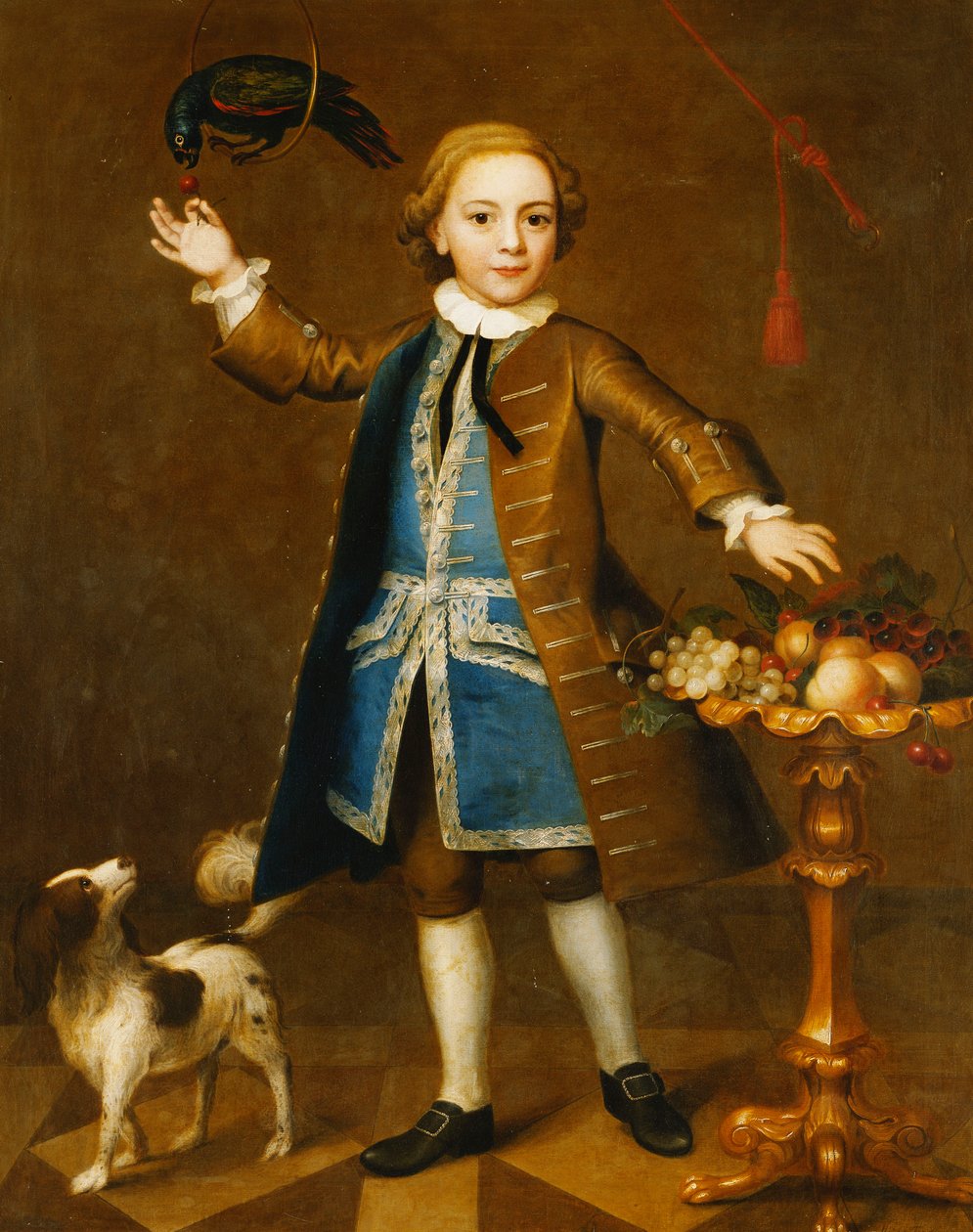 Retrato de um menino, de corpo inteiro, com um casaco marrom, colete azul com trança de prata, segurando uma cereja em um papagaio, um spaniel ao lado, com frutas em um carrinho, 1741 de John Theodore Heins