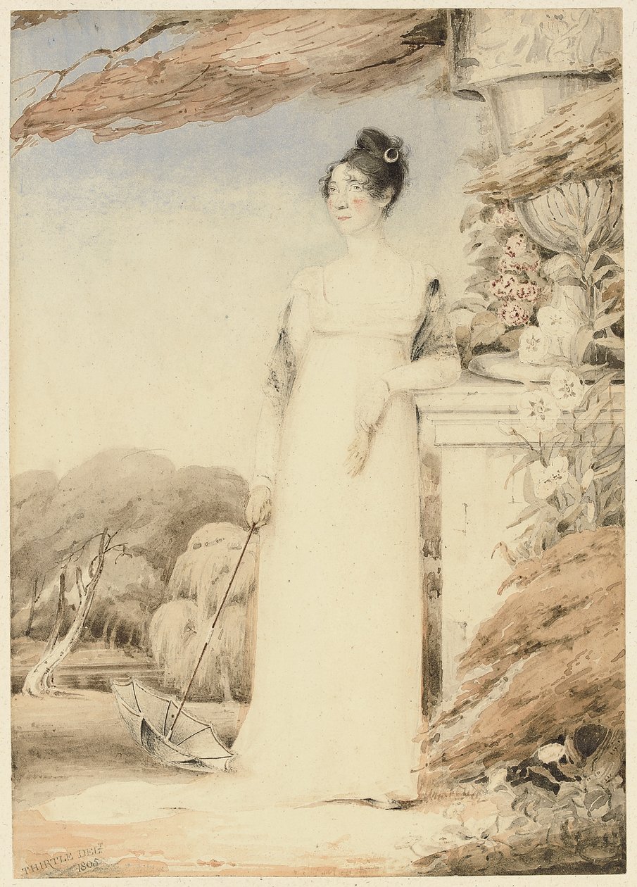 Retrato de Ann Miles, mais tarde a senhora John Sell Cotman, de corpo inteiro, a mão direita segurando um guarda-sol, o braço esquerdo apoiado em um pedestal, 1805 de John Thirtle