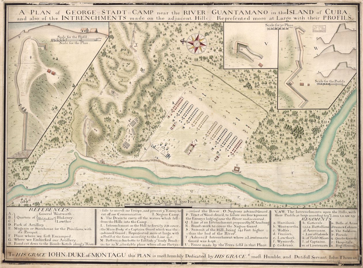 Planta do acampamento de George Stadt, perto do rio Guantamano, na ilha de Cuba, e também das intrincheiras feitas nas colinas adjacentes, representadas em grande plano com os seus perfis LOC 2010592464 de John Thomas
