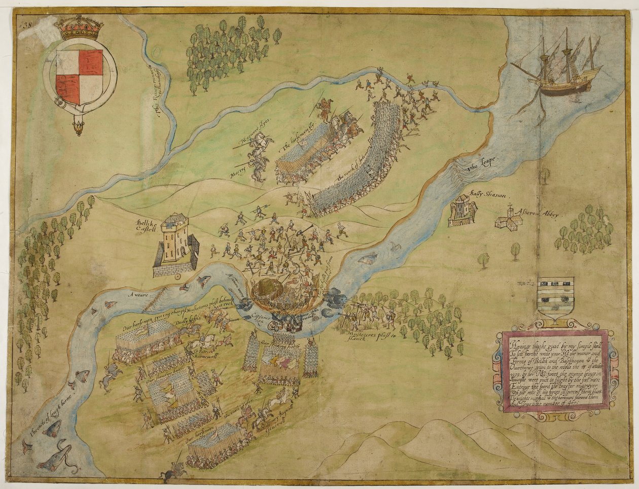 Algodão Augustus I ii 38, Desenho colorido da batalha de Ballyshannon de John Thomas